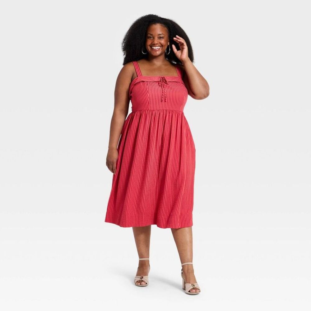 Women's Plus Sleeveless Scoop Tie-Front Midi A-Line Dress - Red Striped 4X